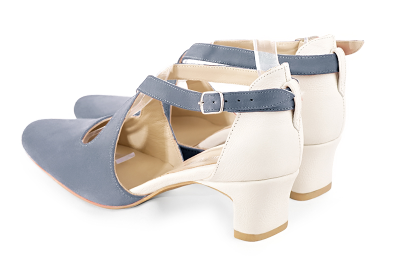 Mouse grey and off white women's open side shoes, with crossed straps.. Rear view - Florence KOOIJMAN